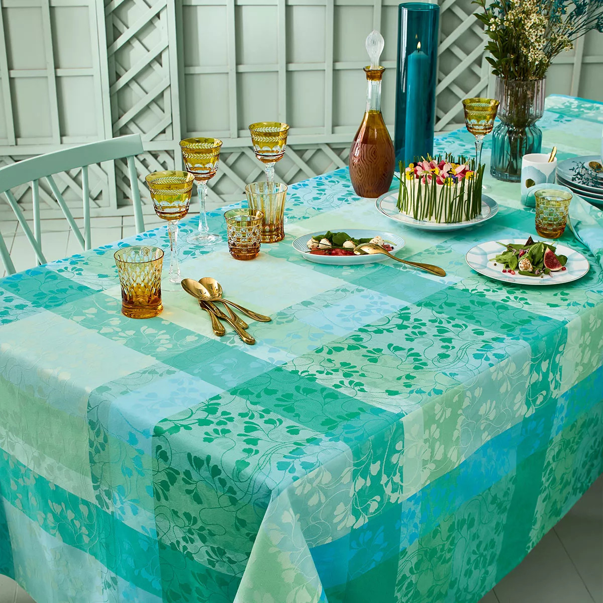 Mille Feuillages Turquoise beschichtete Meterware, 180 cm breit